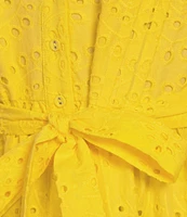 Gibson & Latimer Eyelet Split Round Neck Elbow Puff Sleeve Button Down Belted Scallop Hem Pocketed A-Line Dress