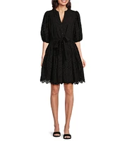 Gibson & Latimer Eyelet Split Round Neck Elbow Puff Sleeve Button Down Belted Scallop Hem Pocketed A-Line Dress