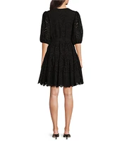 Gibson & Latimer Eyelet Split Round Neck Elbow Puff Sleeve Button Down Belted Scallop Hem Pocketed A-Line Dress