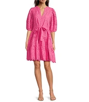 Gibson & Latimer Eyelet Split Round Neck Elbow Puff Sleeve Button Down Belted Scallop Hem Pocketed A-Line Dress