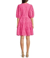 Gibson & Latimer Eyelet Split Round Neck Elbow Puff Sleeve Button Down Belted Scallop Hem Pocketed A-Line Dress