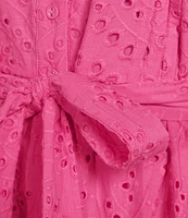 Gibson & Latimer Eyelet Split Round Neck Elbow Puff Sleeve Button Down Belted Scallop Hem Pocketed A-Line Dress