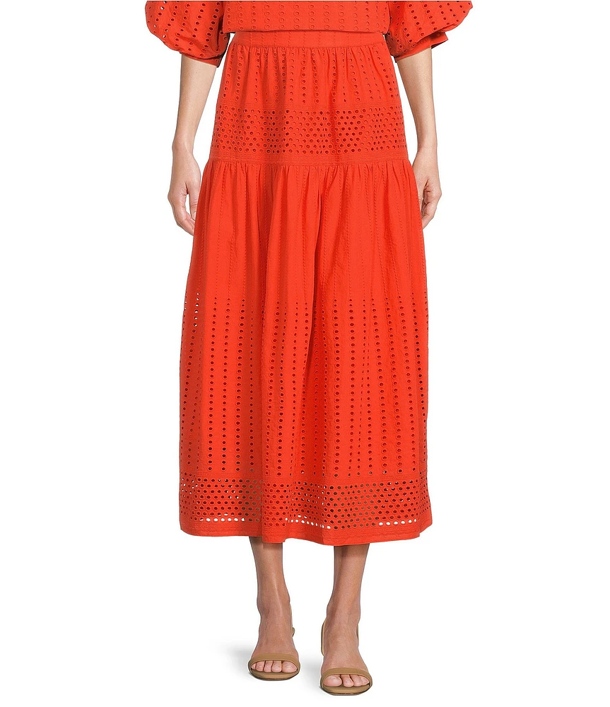 Gibson & Latimer Eyelet Woven Mid Rise Drop Waist A-Line Flounce Midi Coordinating Skirt