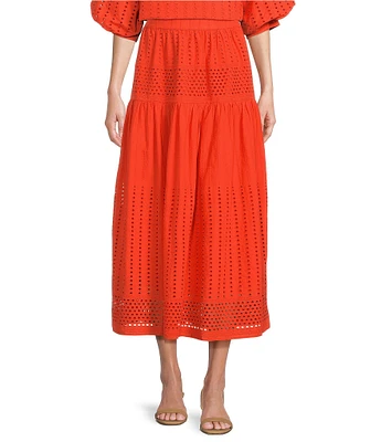 Gibson & Latimer Eyelet Woven Mid Rise Drop Waist A-Line Flounce Midi Coordinating Skirt