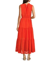 Gibson & Latimer Eyelet Woven Ruched Mock Neck Sleeveless Tie at Waist Tiered A-Line Flounce Maxi Dress