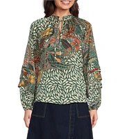 Gibson & Latimer Floral Leaf Print Satin Split Round Tie Neck Tiered Ruffle Balloon Long Sleeve Blouse