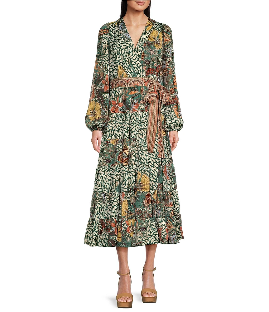 Gibson & Latimer Floral Leaf Print Tiered Long Sleeve Tie Waist Wrap Midi Dress