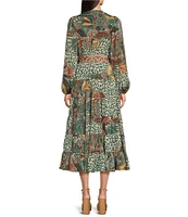 Gibson & Latimer Floral Leaf Print Tiered Long Sleeve Tie Waist Wrap Midi Dress