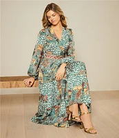 Gibson & Latimer Floral Leaf Print Tiered Long Sleeve Tie Waist Wrap Midi Dress