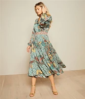 Gibson & Latimer Floral Leaf Print Tiered Long Sleeve Tie Waist Wrap Midi Dress