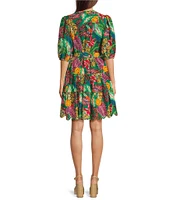 Gibson & Latimer Floral Printed Eyelet Split Round Neck Elbow Puff Sleeve Button Down Belted Scallop Hem Pocketed A-Line Dress