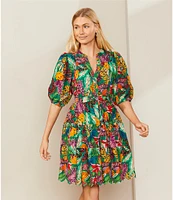 Gibson & Latimer Floral Printed Eyelet Split Round Neck Elbow Puff Sleeve Button Down Belted Scallop Hem Pocketed A-Line Dress