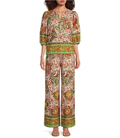 Gibson & Latimer Floral Printed Self Tie High Waist Wide Leg Coordinating Pull-On Pants