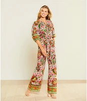 Gibson & Latimer Floral Printed Self Tie High Waist Wide Leg Coordinating Pull-On Pants