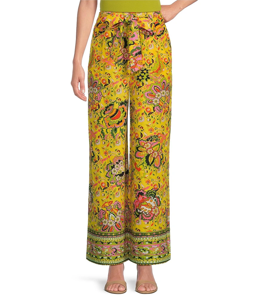 Gibson & Latimer Floral Printed Self Tie High Waist Wide Leg Coordinating Pull-On Pants