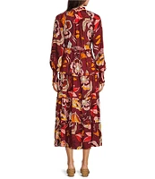 Gibson & Latimer Floral Printed Split-V-Neck Long Sleeve Ruffle Tiered Self Tie Midi Dress