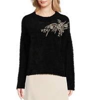 Gibson & Latimer Fuzzy Knit Embellished Rhinestone Round Neck Long Sleeve Cropped Sweater