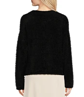 Gibson & Latimer Fuzzy Knit Embellished Rhinestone Round Neck Long Sleeve Cropped Sweater