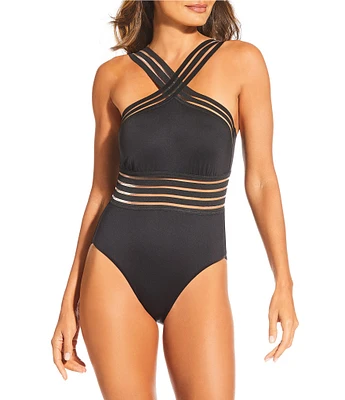 Gibson & Latimer Illusion Solid Banded High Neck One Piece Swimsuit