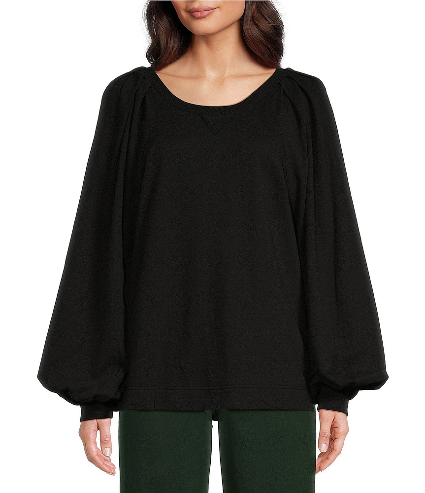 Gibson & Latimer Knit Crew Neck Pleated Long Raglan Balloon Sleeve Top