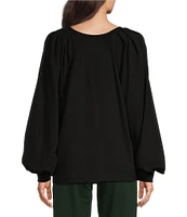 Gibson & Latimer Knit Crew Neck Pleated Long Raglan Balloon Sleeve Top