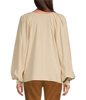 Gibson & Latimer Knit Crew Neck Pleated Long Raglan Balloon Sleeve Top