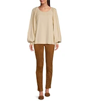 Gibson & Latimer Knit Crew Neck Pleated Long Raglan Balloon Sleeve Top