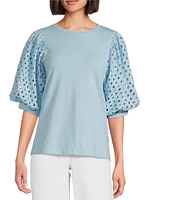 Gibson & Latimer Knit Contrast Eyelet Crew Neck Short 3/4 Balloon Sleeve Top