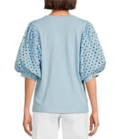 Gibson & Latimer Knit Contrast Eyelet Crew Neck Short 3/4 Balloon Sleeve Top