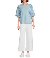 Gibson & Latimer Knit Contrast Eyelet Crew Neck Short 3/4 Balloon Sleeve Top