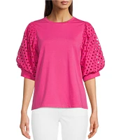 Gibson & Latimer Knit Contrast Eyelet Crew Neck Short 3/4 Balloon Sleeve Top