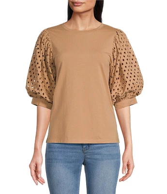 Gibson & Latimer Knit Crew Neck Short Eyelet Puff Sleeve Top