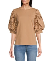 Gibson & Latimer Knit Contrast Eyelet Crew Neck Short 3/4 Balloon Sleeve Top