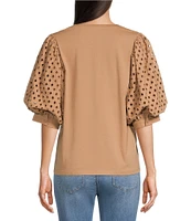 Gibson & Latimer Knit Contrast Eyelet Crew Neck Short 3/4 Balloon Sleeve Top