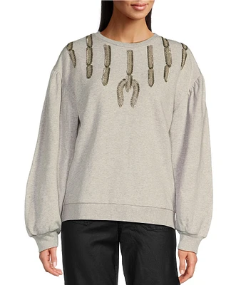 Gibson & Latimer Knit Embellished Beaded Crew Neck Dropped Long Puff Sleeve Pullover Sweatshirt