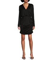 Gibson & Latimer Knit Studded Splice V Neck Long Sleeve Wrap Blouson Above the Knee Dress