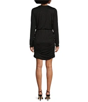 Gibson & Latimer Knit Studded Splice V Neck Long Sleeve Wrap Blouson Above the Knee Dress