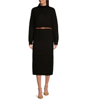 Gibson & Latimer Knit Turtle Neck Long Sleeve Belted Shift Sweater Midi Dress