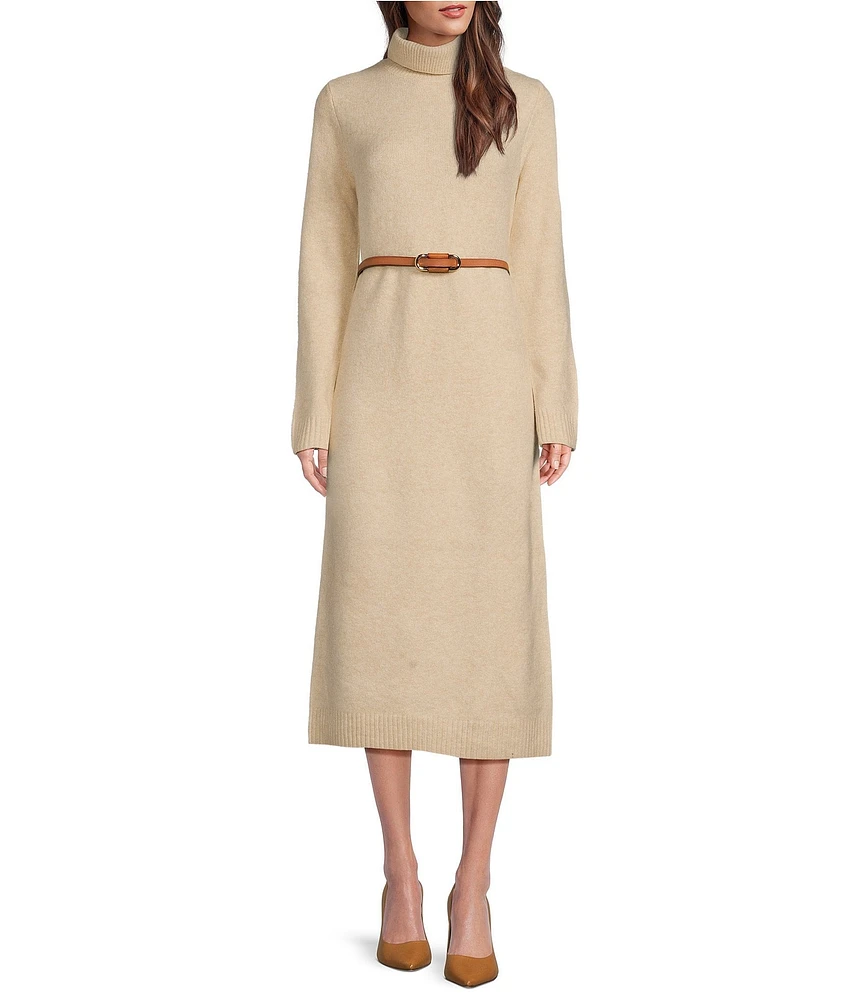 Gibson & Latimer Knit Turtle Neck Long Sleeve Belted Shift Sweater Midi Dress