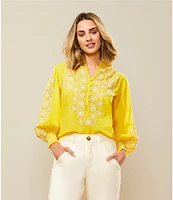 Gibson & Latimer Woven Embroidered Floral Ruffled Slit Round Button Front Neck Long Blouson Sleeve Hi-Low Shirttail Blouse