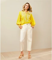 Gibson & Latimer Woven Embroidered Floral Ruffled Slit Round Button Front Neck Long Blouson Sleeve Hi-Low Shirttail Blouse