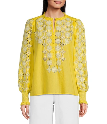 Gibson & Latimer Woven Embroidered Floral Ruffled Slit Round Button Front Neck Long Blouson Sleeve Hi-Low Shirttail Blouse