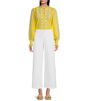 Gibson & Latimer Woven Embroidered Floral Ruffled Slit Round Button Front Neck Long Blouson Sleeve Hi-Low Shirttail Blouse