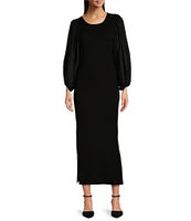 Gibson & Latimer Mixed Media Ribbed Crew Neck Long Balloon Sleeve Sweater Bodycon Maxi Dress