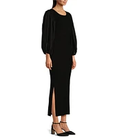 Gibson & Latimer Mixed Media Ribbed Crew Neck Long Balloon Sleeve Sweater Bodycon Maxi Dress