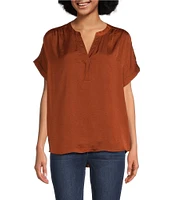 Gibson & Latimer Moonshadow Satin Split Round Neck Dropped Short Roll Tab Sleeve Hi-Low Shirttail Blouse