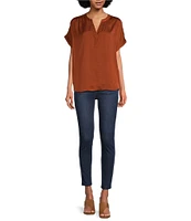 Gibson & Latimer Moonshadow Satin Split Round Neck Dropped Short Roll Tab Sleeve Hi-Low Shirttail Blouse