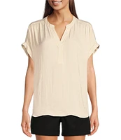 Gibson & Latimer Moonshadow Satin Split Round Neck Dropped Short Roll Tab Sleeve Hi-Low Shirttail Blouse