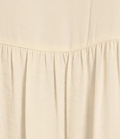 Gibson & Latimer Moonshadow Satin Split Round Neck Dropped Short Roll Tab Sleeve Hi-Low Shirttail Blouse