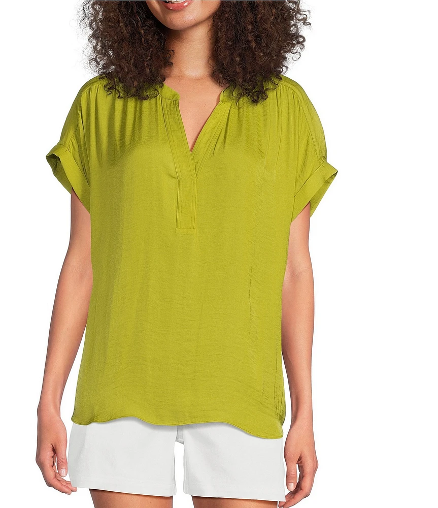 Gibson & Latimer Moonshadow Satin Split Round Neck Dropped Short Roll Tab Sleeve Hi-Low Shirttail Blouse